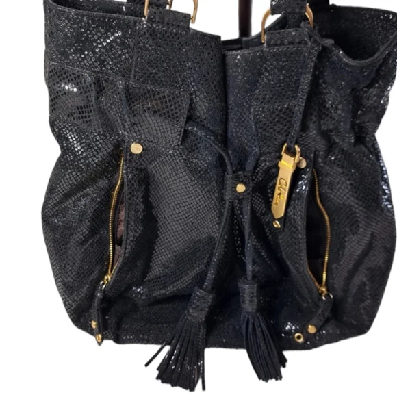 Cole Haan Women's Black Shoulder Bag Shiny Snake Skin Drawstring - Picture 5 of 16